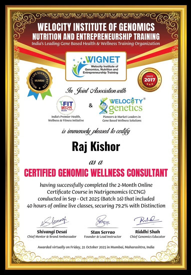 Raj Kishor — Certified Genomic Wellness Consultant certificate from WIGNET